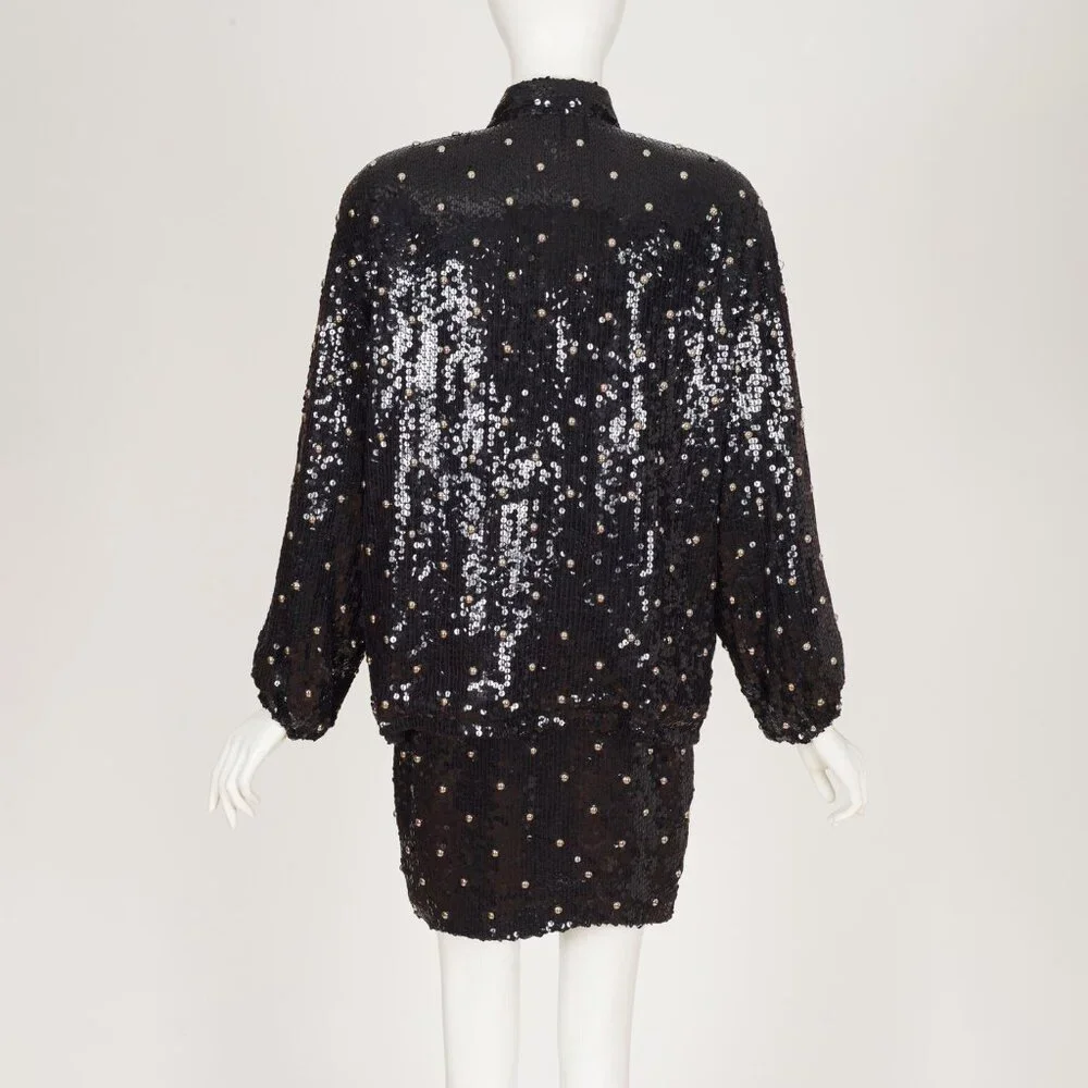 Jeanette Kastenberg 1980s Key Embellished Black Sequin Bomber Jacket & Dress Set - Picture 5 of 6